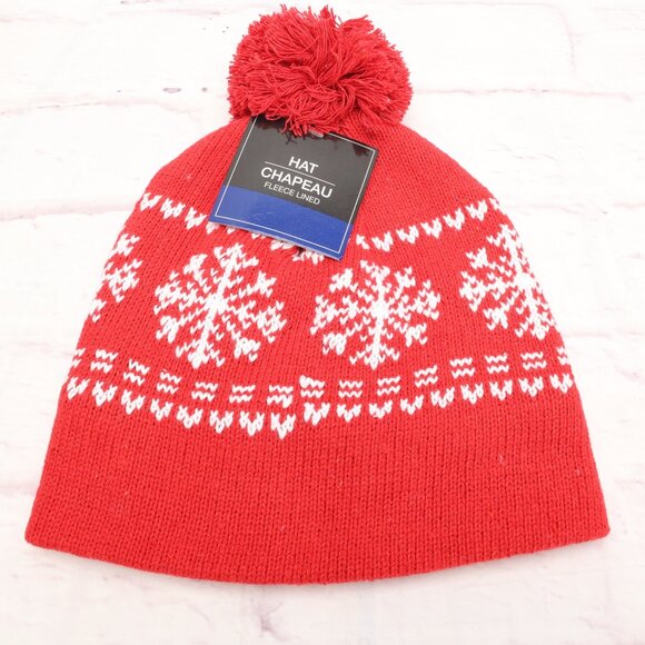 Chapeau Snowflake Winter Ski Beanie Hat Red White Fleece Lined W/Top Pom - Picture 1 of 9